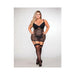 Plus size model wearing black fishnet and faux leather garter slip with lace-up front, underwire cups, and matching thigh-high stockings.