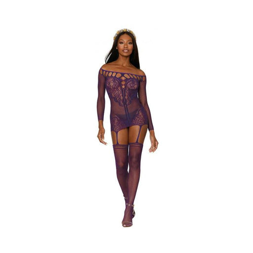 Dreamgirl Fishnet Lace Garter Dress With Attached Stockings Aubergine O/s | SexToy.com