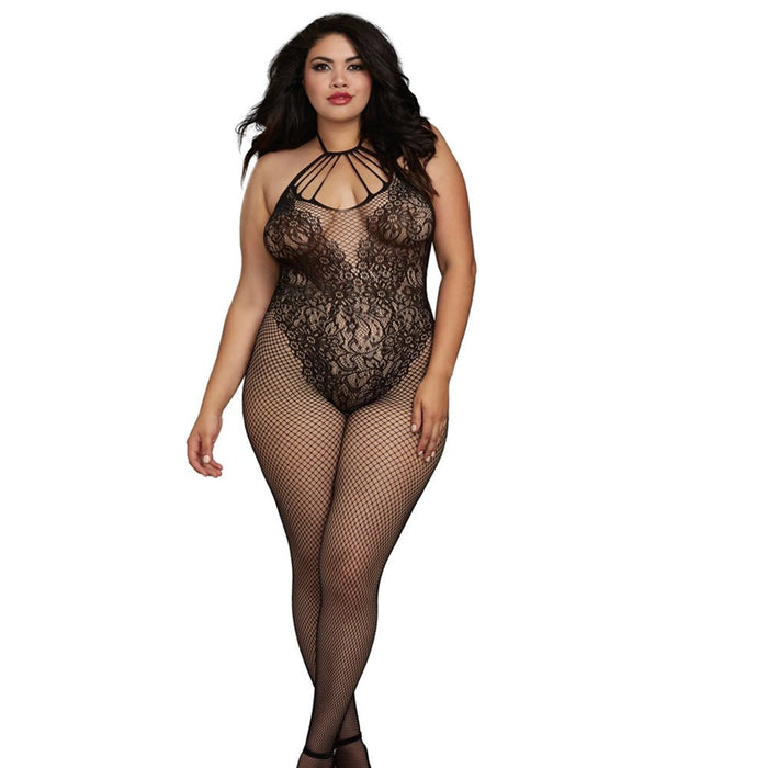 Dreamgirl Fishnet Teddy Bodystocking with Strappy Neckline, Adjustable Halter Ties and Open Crotch - SexToy.com