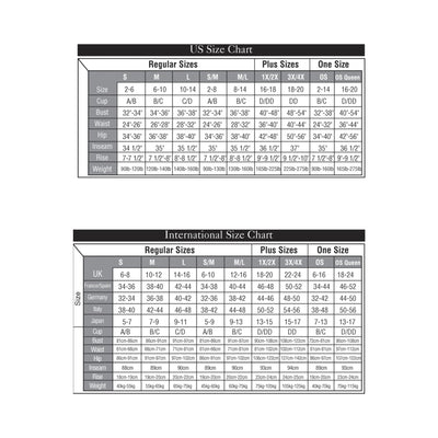 US and International size charts for women's regular, plus, and one size clothing with measurements for bust, waist, hip, inseam, rise, and weight.