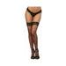 Legs wearing black fishnet thigh-high stockings with lace silicone tops and black lace thong underwear