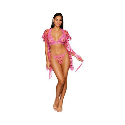 Model wearing pink sheer robe with red heart mesh bralette and matching G-string set with eyelash lace trim
