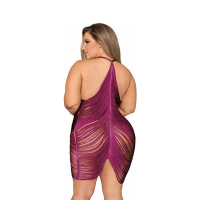 Plus size model wearing Dreamgirl mulberry halter fringe chemise with open back and matching G-string.
