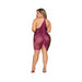 Plus size model wearing Dreamgirl mulberry halter fringe chemise with open back and matching G-string.