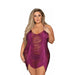 Plus size model wearing Dreamgirl mulberry halter fringe chemise with matching G-string, styled for a flattering fit.