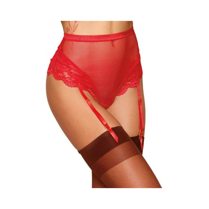 High-waisted red fishnet garter thong with lace detail and adjustable straps paired with sheer thigh-high stockings.