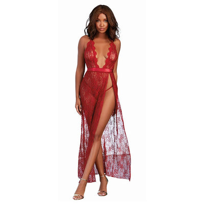 Model wearing a red sheer lace halter gown with a plunging neckline, high slit, satin waist tie, and matching G-string.