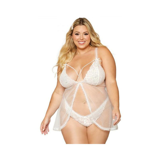 Dreamgirl Lace Mesh Babydoll With Pearl Accents & Lace Pearl G-string White Queen Size | SexToy.com