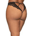 Curvy model wearing black lace tanga panty with open back and delicate strap details on white background.