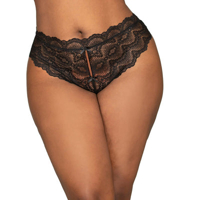 Black lace tanga panty with open-crotch design and delicate bow accents on a model.