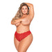 Plus size model wearing red lace tanga panty with open crotch and elastic open back detail on white background.