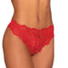 Red lace tanga panty with open-crotch design and delicate bow accents on a smooth skin tone model.