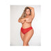 Curvy model wearing red lace tanga panty with open-crotch and elastic open back detail against white background.