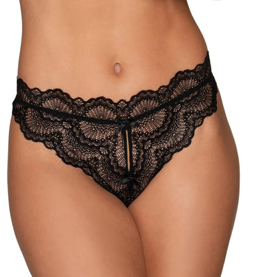 Black lace tanga panty with open-crotch design and scalloped edges, featuring delicate bow accents at front.