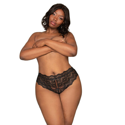 Plus size model wearing black lace tanga panty with open-crotch and scalloped waistband detail.