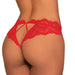 Close-up of red lace tanga panty with open back and delicate elastic strap detail on model.