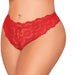 Red lace tanga panty with open-crotch design and delicate bow accents on a smooth skin tone model.