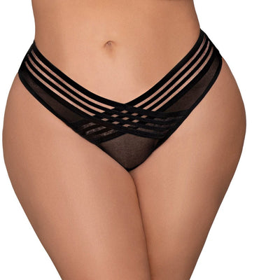 Black mesh thong with shadow stripe elastic crisscross front detail on model's hips and waist.