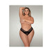 Plus size model wearing black mesh thong with shadow stripe elastic front detail against neutral background