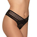 Black mesh thong with shadow stripe elastic front detail on model's hips and waist