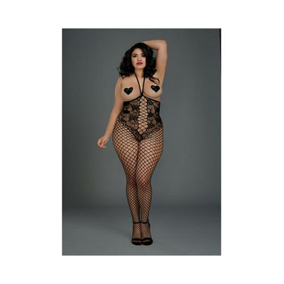Dreamgirl Open-Cup Bodystocking with Knitted Lace Teddy Design, Fishnet Legs, Open Crotch and Adjustable Halter Ties | SexToy.com
