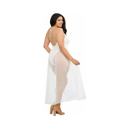 Dreamgirl Plus-size Stretch Lace Teddy & Sheer Mesh Maxi Skirt With Adjustable Straps & G-string Whi - SexToy.com