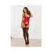 Model wearing red scalloped lace bustier with underwire open cups, matching G-string, and black thigh-high stockings.