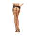Back view of sheer nude thigh-high stockings with black back seam worn with black lace garter belt and gold high heels