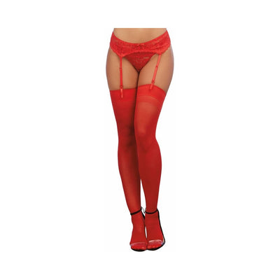 Red sheer thigh-high stockings with plain top and back seam worn with matching red lace garter belt and black high heels.