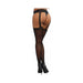 Back view of black stretch lace suspender garter belt pantyhose with attached sheer thigh-high stockings and high heels.