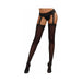 Black stretch lace suspender garter belt pantyhose with attached sheer thigh-high stockings on model.