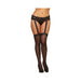 Black stretch lace suspender garter belt pantyhose with attached sheer thigh-high stockings on model.