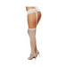 White stretch lace suspender garter belt pantyhose with attached sheer thigh-high stockings and gold high heels.