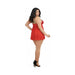 Plus size model wearing red mesh lace babydoll lingerie with black adjustable straps and black high heel sandals, side pose.