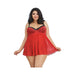 Plus size model wearing a red mesh lace babydoll with black straps and lace detailing, holding the hem of the flowing skirt.