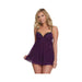 Woman wearing plum purple mesh lace babydoll lingerie with adjustable straps and matching G-string.
