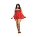 Plus size model wearing a red mesh lace babydoll with black straps and matching lingerie, paired with black heels.
