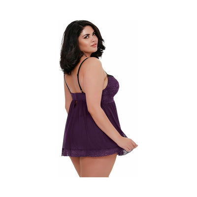 Plus size model wearing plum purple mesh lace babydoll lingerie with adjustable straps and matching G-string, shown from the side and back.
