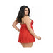 Plus size woman wearing red mesh lace babydoll lingerie with adjustable black straps, shown from the back and smiling.