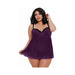 Plus size model wearing a plum mesh lace babydoll with black straps and matching G-string lingerie set.