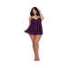Plus size model wearing a plum mesh lace babydoll lingerie with black straps and matching G-string.