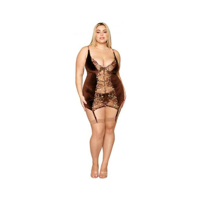 Plus size model wearing Dreamgirl Espresso garter slip with floral embroidery and matching G-string, paired with nude thigh highs.