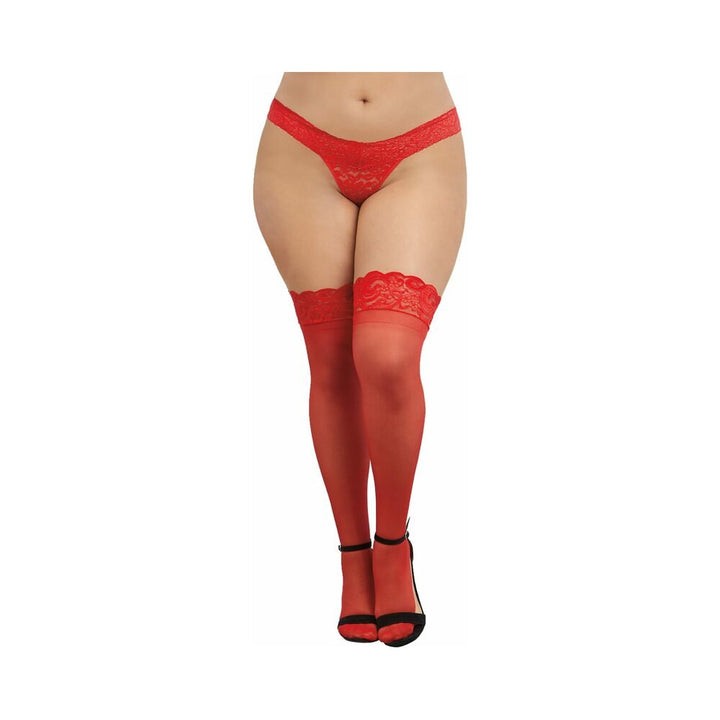 Red sheer thigh-high stockings with lace silicone tops worn with matching lace thong and black high heels.