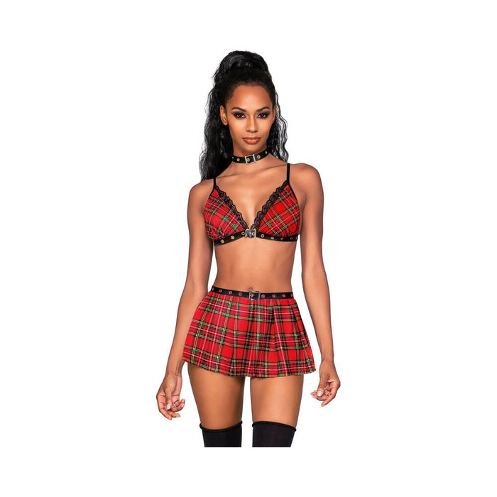 Dreamgirl Three-piece Schoolgirl-themed Set With Red Plaid Bralette And Matching Pleated Mini Skirt - SexToy.com
