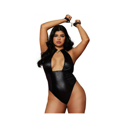 Dreamgirl Wetlook Corseted Back Halter-neck Thong Teddy With Wrist Restraints Black Queen Size | SexToy.com