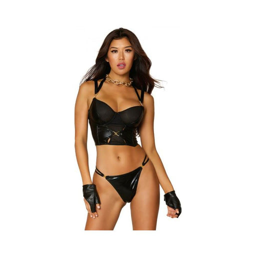 Dreamgirl Wetlook Fishnet Strappy Bustier & Thong Set Black S | SexToy.com