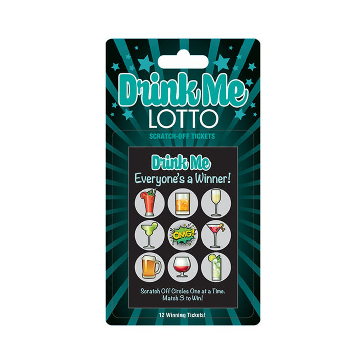 Drink Me Lotto scratch-off tickets game with colorful cocktail icons and playful design on teal background.