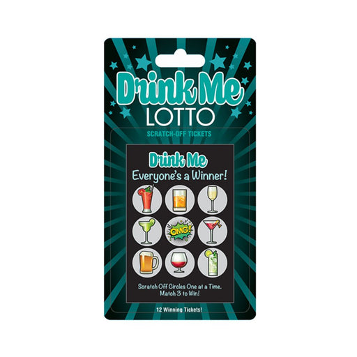 Drink Me Lotto scratch-off tickets game with colorful cocktail icons and playful design on teal background.