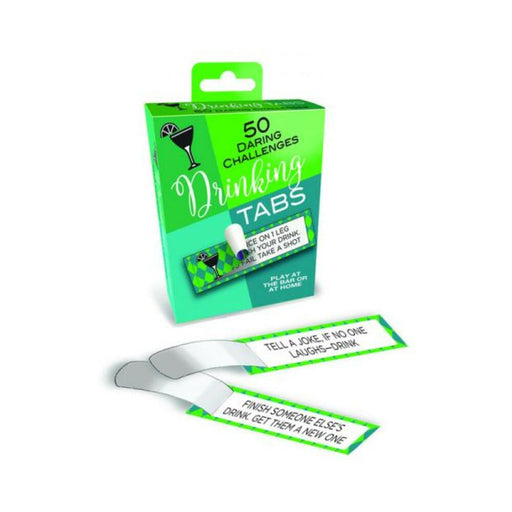 Drinking Tabs party game box with 50 challenge strips featuring fun drinking dares for social gatherings.