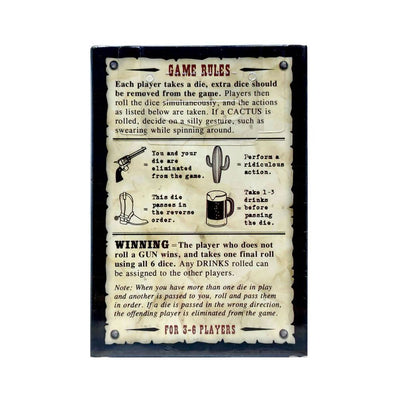 Game rules card for Bucked Up party game with instructions and icons for dice actions and winning conditions.